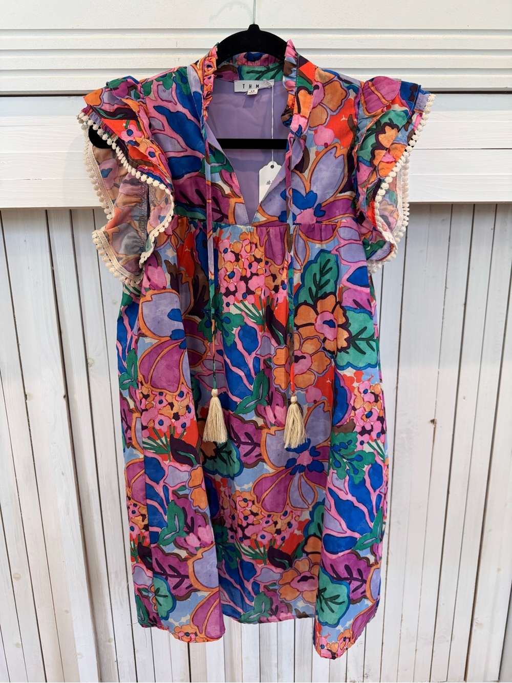 THML Women’s Floral Tassel Dress in Purple, Pink, Blue, Orange